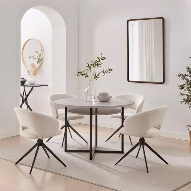 Furniturebox UK Adley Round Grey Concrete Effect Dining Table with 4 Anika Cream Swivel Chairs