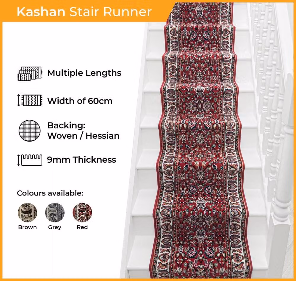runrug Kashan Stair Runner Carpet in Brown, W: 60 cm, L: 480 cm – 2
