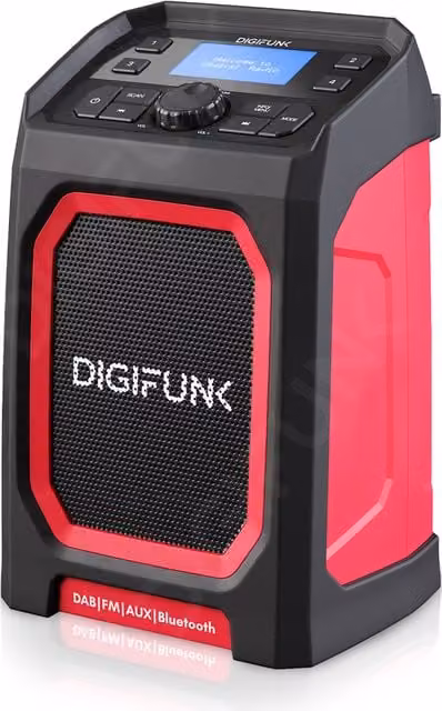 DigiFunk Red Work Site Radio with DAB+, DAB, FM, Bluetooth and USB Rechargeable Connectivity