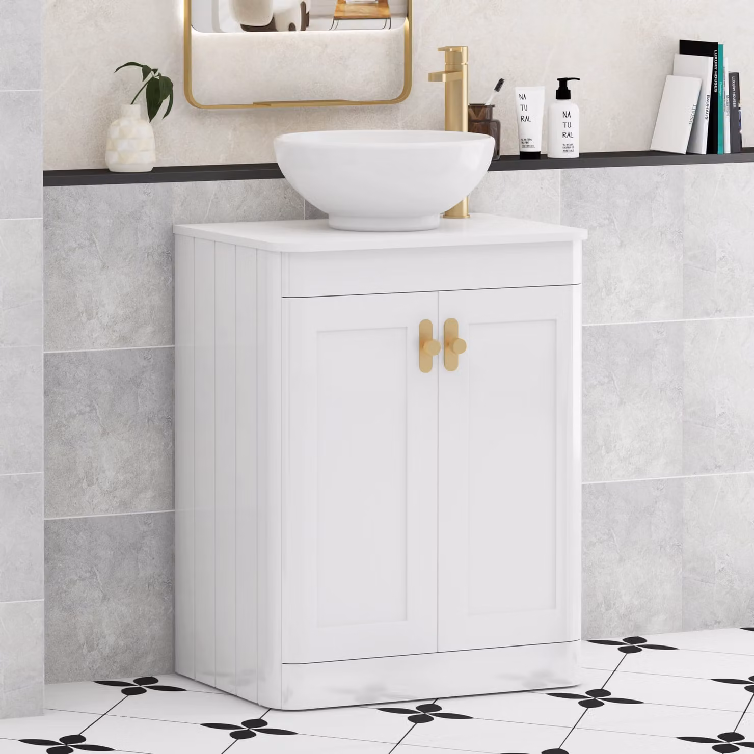Royal Bathrooms Henley 600mm Gloss White Floor Standing 2 Door Vanity Unit with Plain White Worktop, Breeze Basin and Brushed Brass Knob