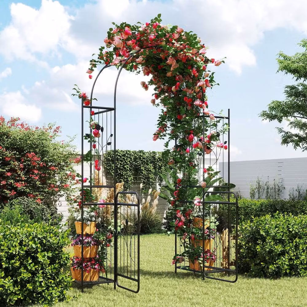 Costway Metal Garden Archway with Lockable Gate and Trellis in Black, Height: 220 cm – 3