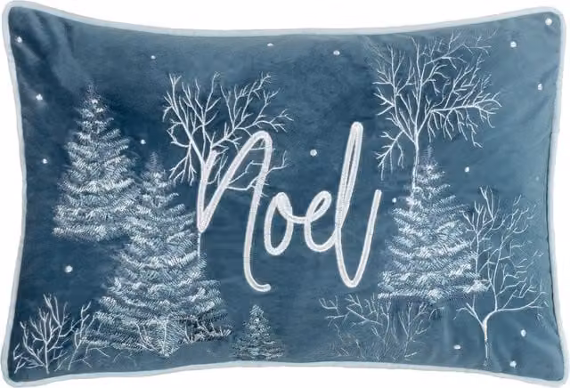 Make it a Home Arcticus Noel Blue Embroidered Piped Velvet Cushion with Feather Filling