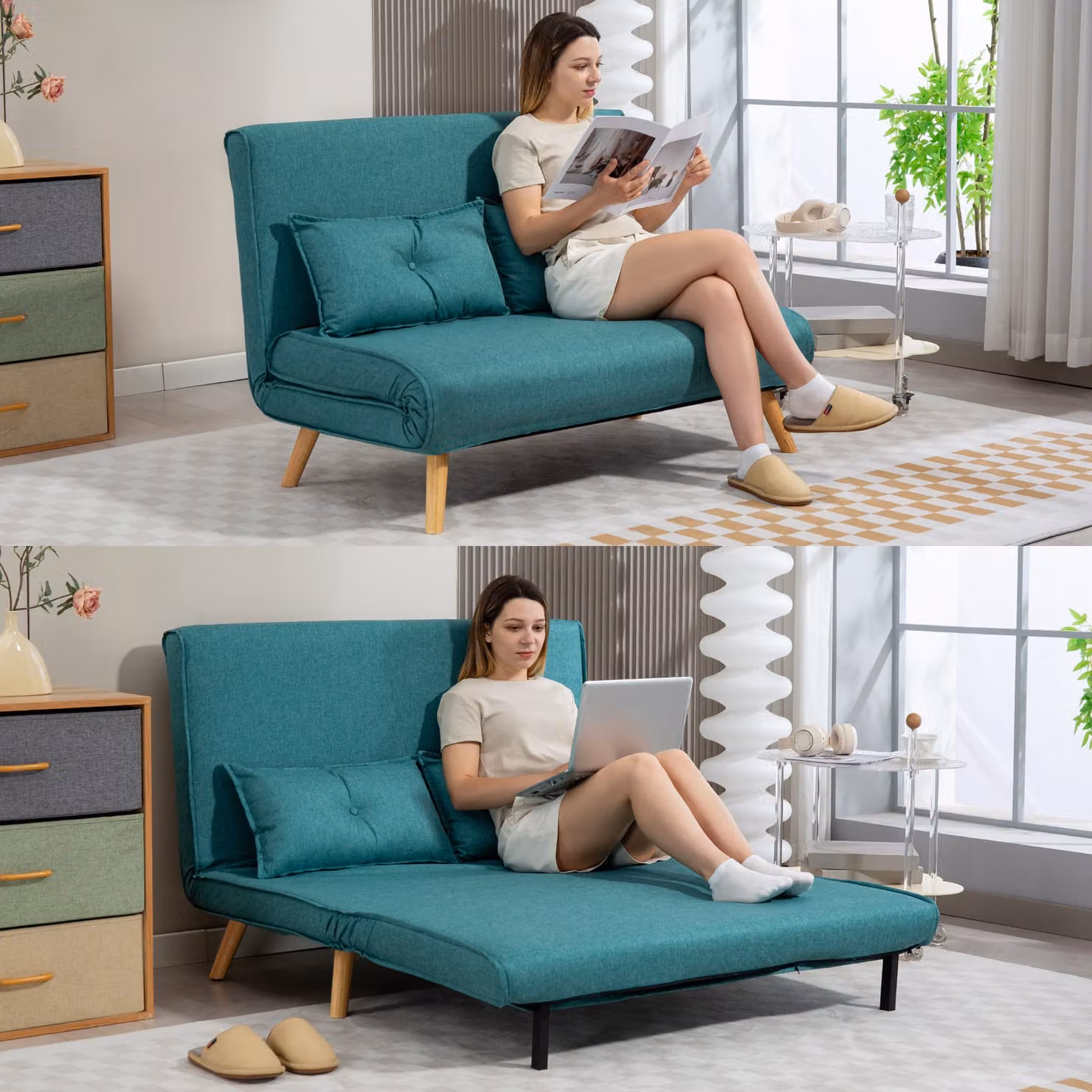 HOMCOM Two-Seater Green Linen-Look Sofa Bed with Metal Frame and Scatter Cushions, 140 x 200 cm – 7