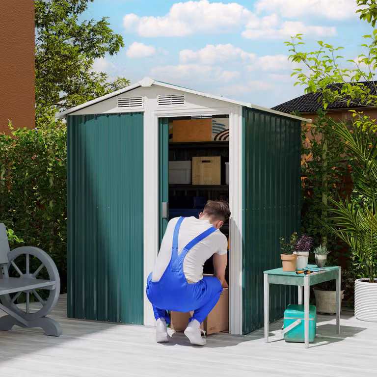Outsunny Green Metal Garden Storage Shed with Sliding Door and Pent Roof, W: 130 cm, D: 130 cm, H: 188 cm