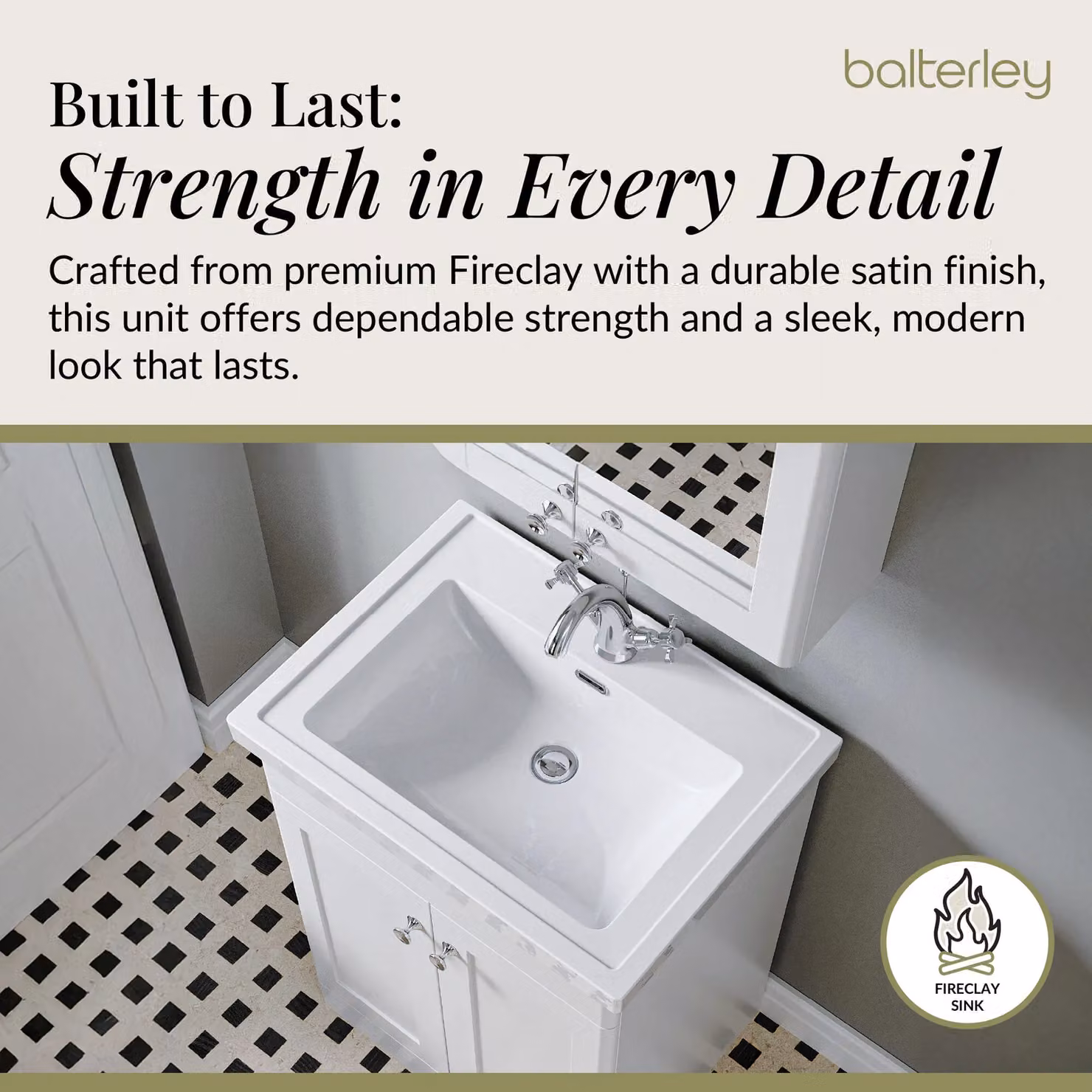 Balterley 2-Door Freestanding Bathroom Floor Vanity Unit with Fireclay Basin, Satin White, W: 60 cm, H: 86.5 cm – 2