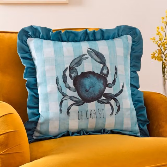 Riva Home Blue Checked Gingham Crab Printed Ruffle Cushion, W/D/H: 43 x 43 x 43 cm – 1
