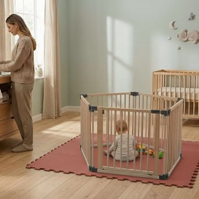 Safetots Hexagonal Wooden Play Den with Soft Foam Play Mat in Dusty Blue and Natural, W/D/H: 180 x 150 x 80 cm
