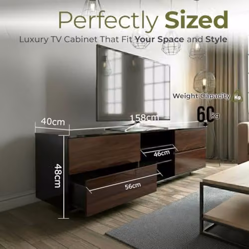 Centurion Avitus Gloss Black TV Stand with 4 Walnut Drawers and 3 Shelves for 32-65 inch LED/LCD/Plasma Screens, W/D/H: 158 x 40 x 48 cm – 9
