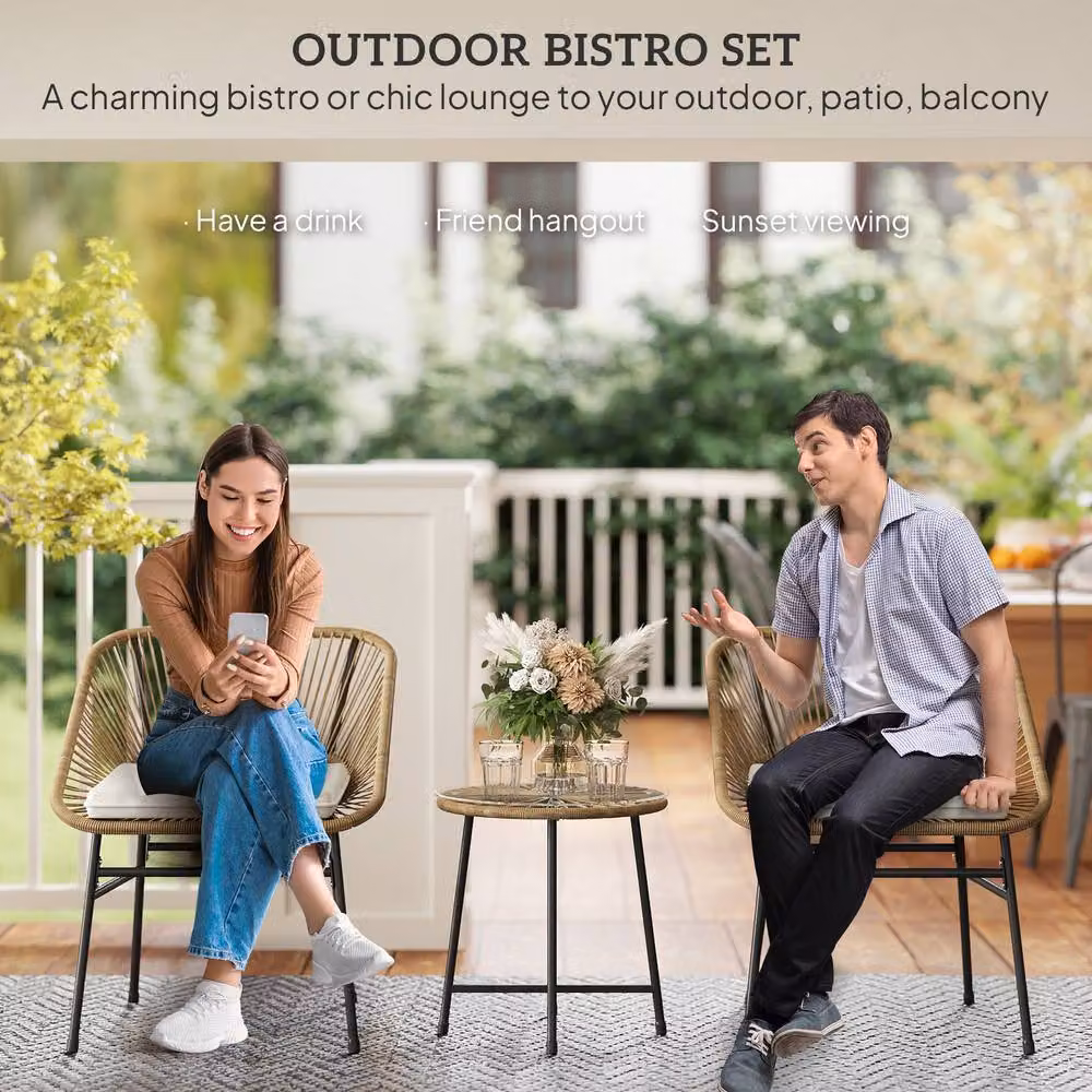 OUTSUNNY Rattan Bistro Set with Cushions in Natural and Light Grey – 3