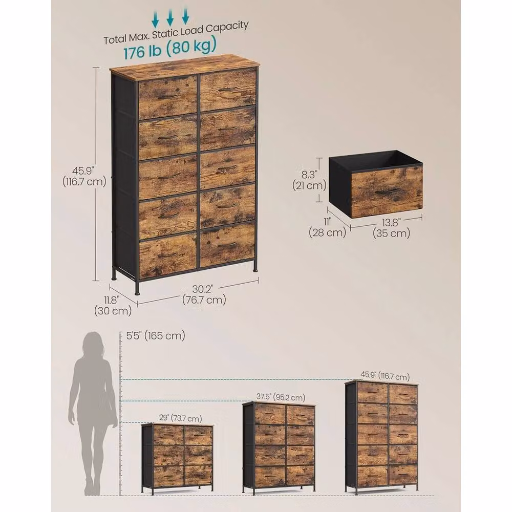 VOGREX Modern Brown Metal Chest of Drawers with 10 Fabric Drawers – 2