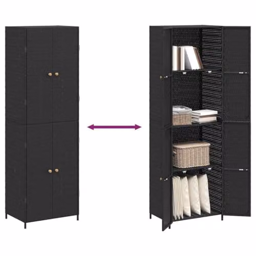 vidaXL Garden Storage Cabinet in Black Poly Rattan with Acacia Wood Details, W/D/H: 180.1 x 39.9 x 58.9 cm – 4
