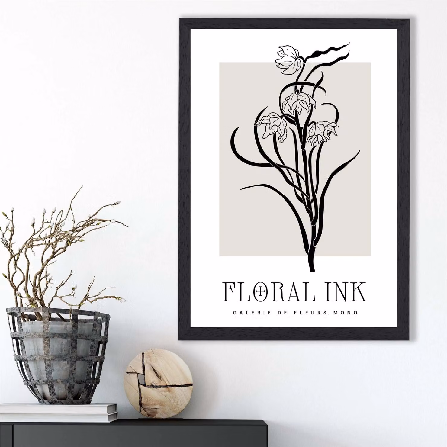 ARTZE Black and Beige Daffodils Floral Ink Sketch Framed Print – 2
