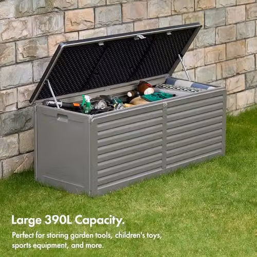 VonHaus Garden Storage Box 390L Weatherproof Plastic Outdoor Utility Chest with Lockable Lid in Grey and Black – 4