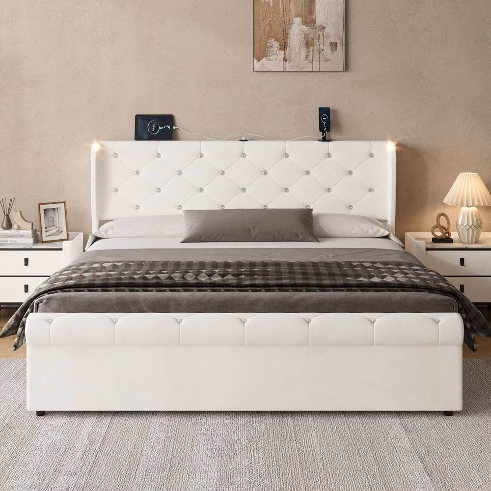 ModernLuxe Upholstered King Bed with Ottoman Storage, Headboard, Integrated Reading Light and USB Charging Port in White, W/D/H: 160 x 200 x 102 cm – 3