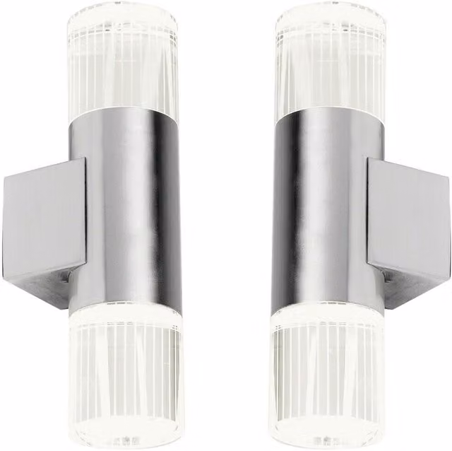 Loops 2 Pack Silver Stainless Steel and Glass IP44 LED Up and Down Wall Lamp for Garden and Bathroom