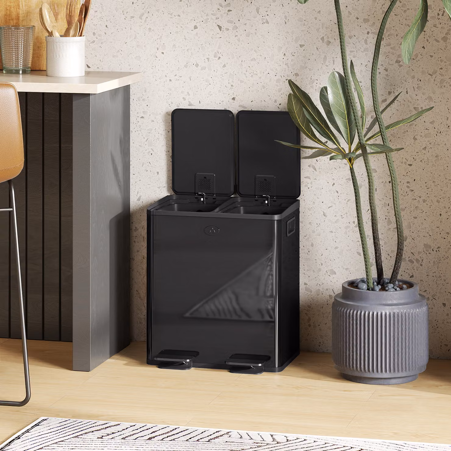 HOMCOM 40L Dual Compartment Stainless Steel Pedal Bin with Odour Filter and Removable Inner Buckets, Glossy Black – 7