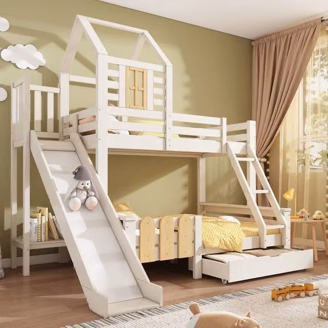 Rolipo White Wooden Kids Bunk Bed with Slide, Single over Double Cabin Bed in Natural White