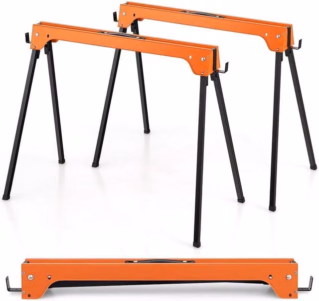 Costway Twin Pack of Foldable Metal Sawhorses with Handles and Non-Slip Footpads in Black and Orange