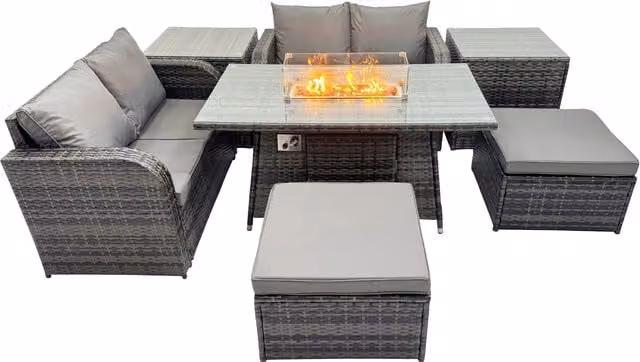 Fimous 6-Seater Rattan Garden Furniture Set with 2 Large Stools and 2 Side Tables in Dark Grey