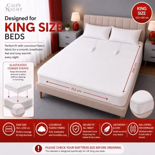 Cozy Night King Size White Fleece Electric Blanket with Dual Control and 3 Heat Settings, W: 152 cm, L: 200 cm – 2