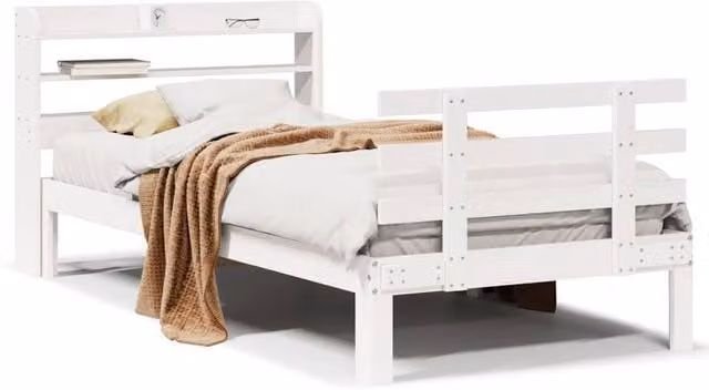 Berkfield Home Small Single Bed Frame with Headboard and Side Compartments in White Rustic Pine Wood, W/D/H: 75 x 190 x 82 cm