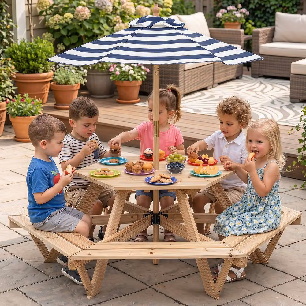 CASART Kids Picnic Table and Bench Set with Removable Adjustable Umbrella in Natural Wood and Multicolour Striped Design – 2