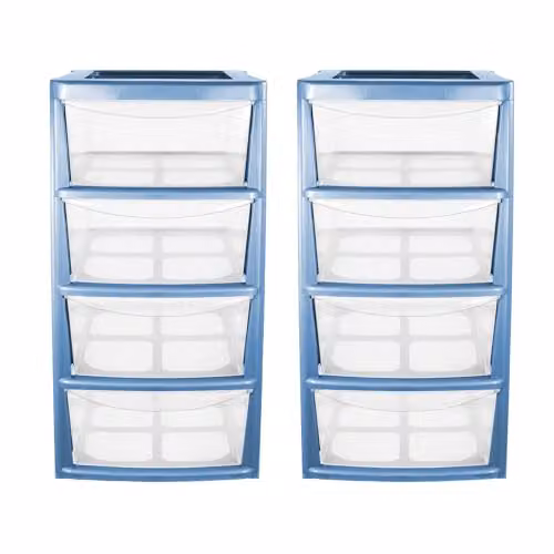 Simpa Mini 4 Drawer Plastic Storage Tower Unit, Blue, Set of 2, H 40 cm x W 19 cm x D 25.5 cm