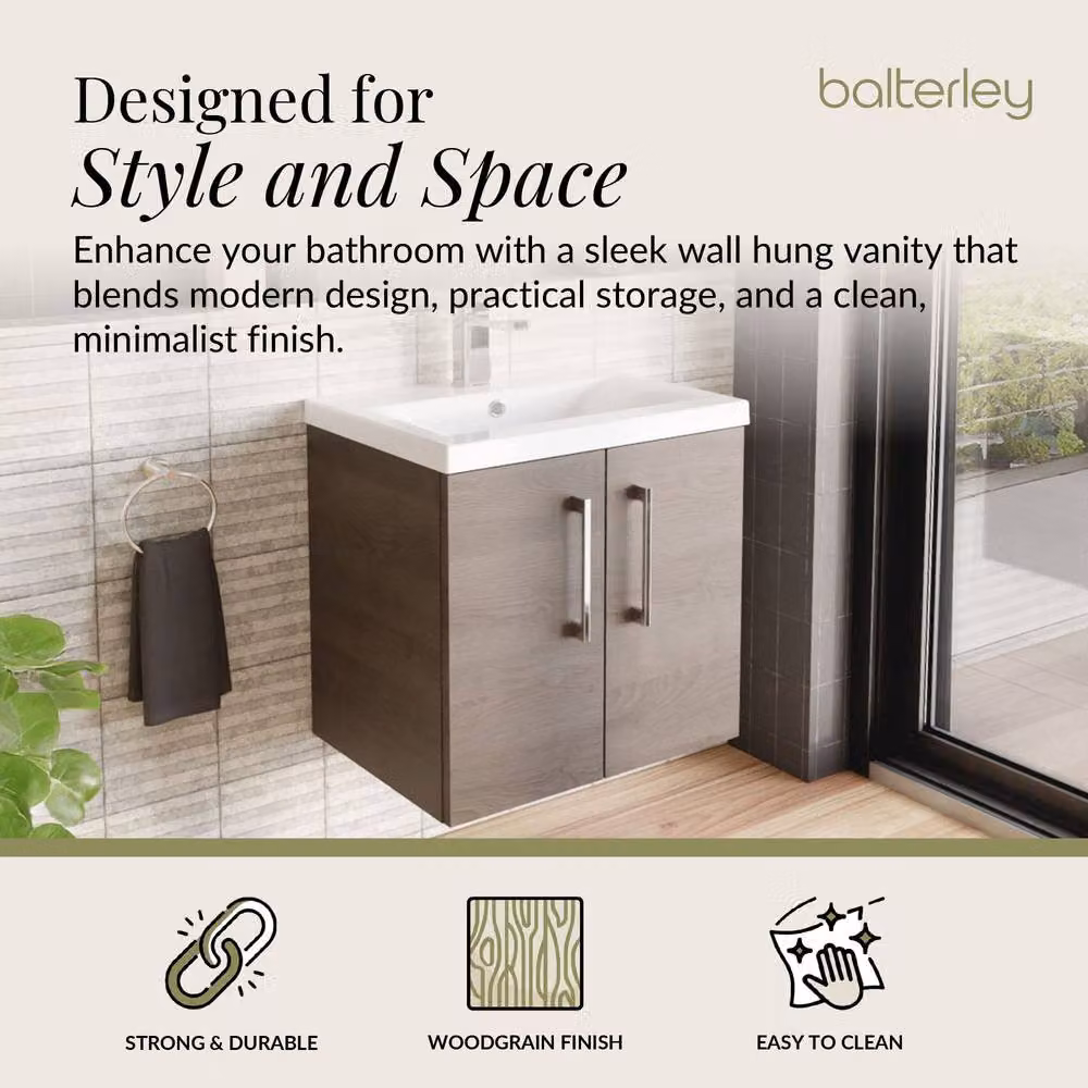Balterley Contemporary Wall Hung Bathroom Vanity Unit with Mid-Edge Ceramic Basin, Solace Oak, W: 60 cm, D: 39 cm, H: 57.9 cm – 2