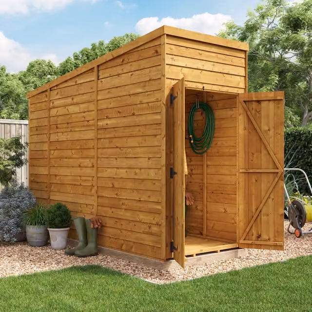 BillyOh Switch Overlap Pent Wooden Garden Shed in Brown with Double Doors and Floor