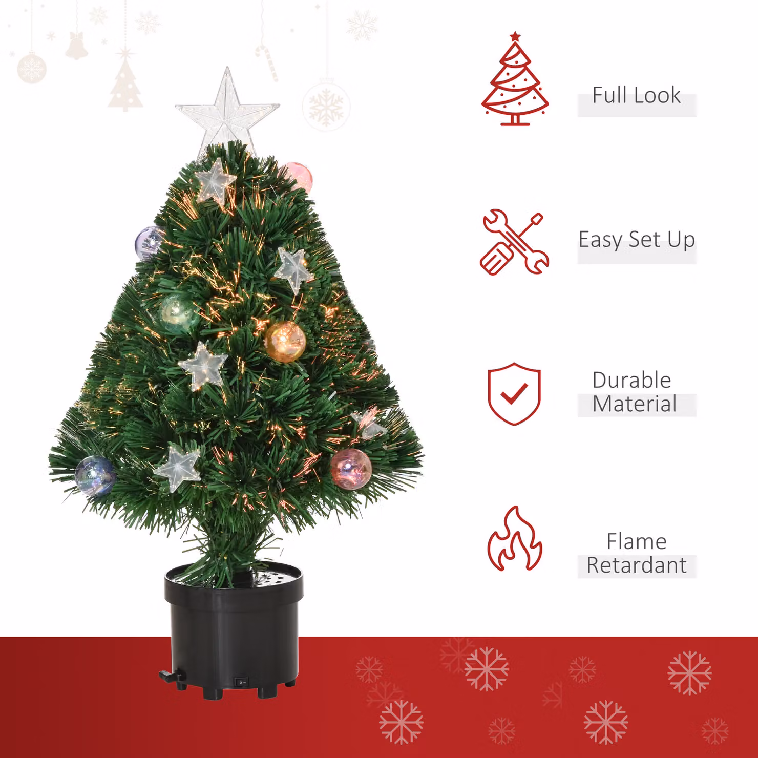 HOMCOM 2ft Pre-lit Multicoloured Fibre Optic Artificial Christmas Tree with LED Lights, Green – 4