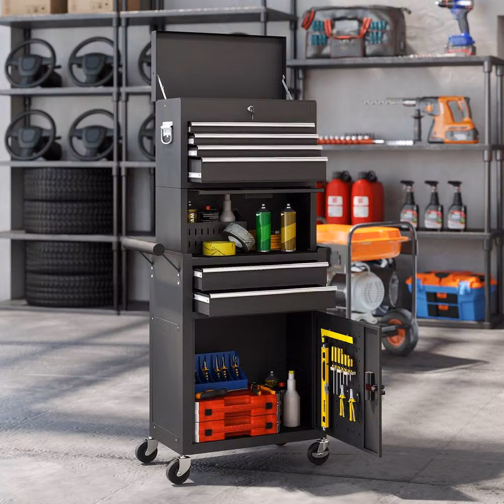 STILVORA Black Steel Tool Chest with Lockable Drawers, Cupboards and Pegboard, W/D/H: 131 x 60.5 x 3.0 cm – 2