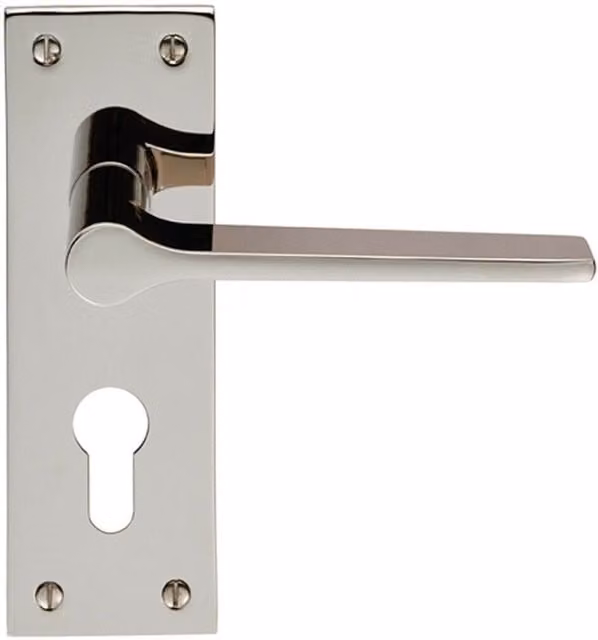 Loops Pair of Flat Straight Lever on Slim Euro Lock Backplate, Polished Nickel, W: 150 mm, H: 50 mm
