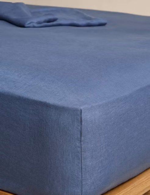 M&S Pure Linen Breathable Deep Fitted Sheet, Slate Blue, W/D/H: 180 x 200 cm