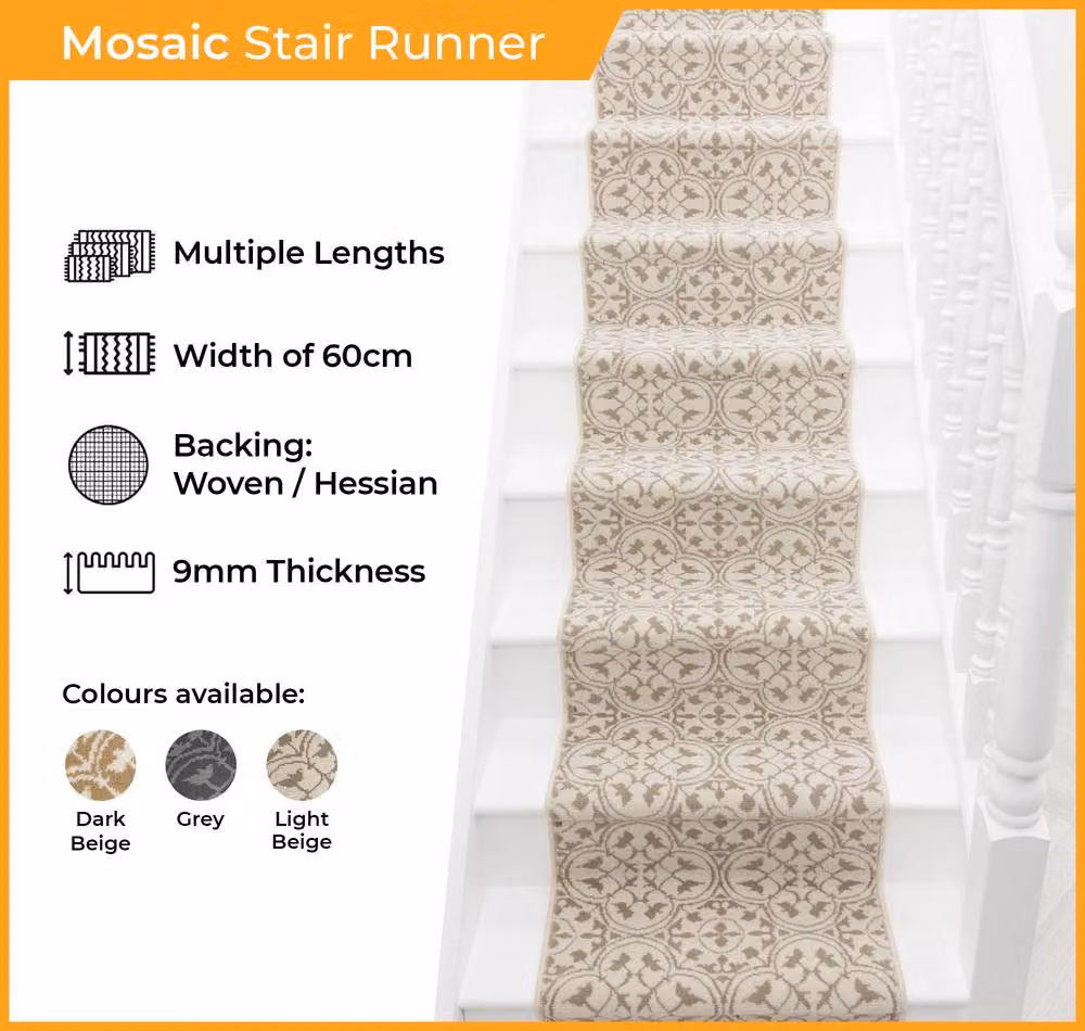 runrug Mosaic Stair Runner Carpet in Grey, W: 60 cm, L: 660 cm – 2