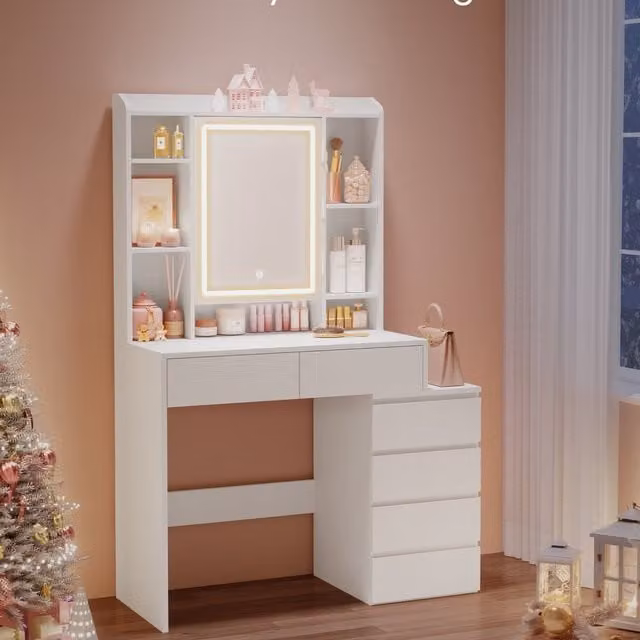 VASAGLE Modern Hollywood LED Dressing Table with Mirror in White