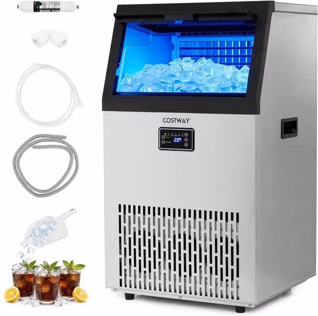 Costway Commercial Ice Maker in Silver with 54 kg/24h Production and 16 kg Storage Capacity