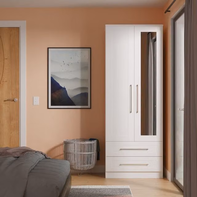 2 U Ripon Ready Assembled Tall 2 Door Mirrored Wardrobe with 2 Drawers in White – 1