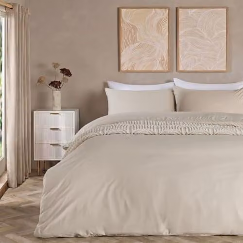 OHS Plain Dyed Microfibre Duvet Cover and Pillowcase Set in Beige, W/D/H: 200 x 200 cm