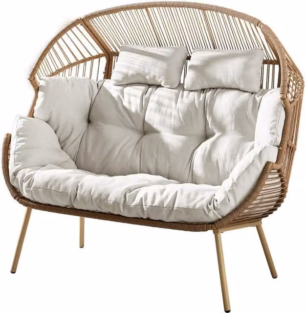 FurnitureboxUK Egg Double Chair in Beige and Brown Rattan for Indoor and Outdoor Use