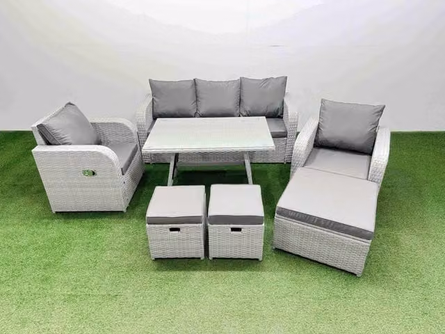 Fimous 3 Seat Reclining Sofa Garden Furniture Set with Dining Table in Light Grey