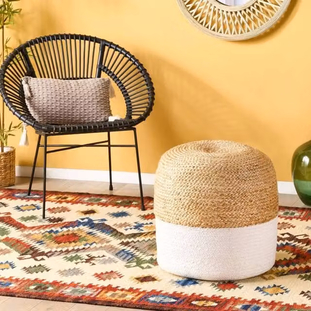 Wyld and Coco White Jute and Cotton Round Cylindrical Pouffe, Diameter: 46 cm