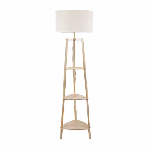 ValueLights Natural Wood 3 Tier Shelf Floor Lamp with White Drum Shade and LED Bulb