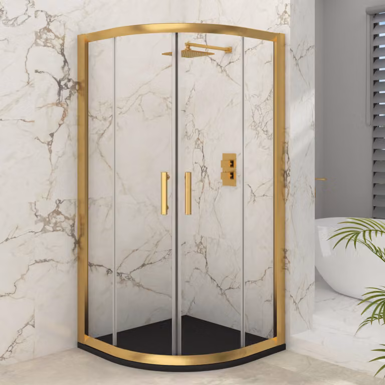 Royal Bathrooms Venice Quadrant Shower Enclosure with Black Stone Mineral Cast Tray, Brushed Brass and Gold, W: 80 cm, D: 80 cm, H: 185 cm, 6mm Double Sliding Door