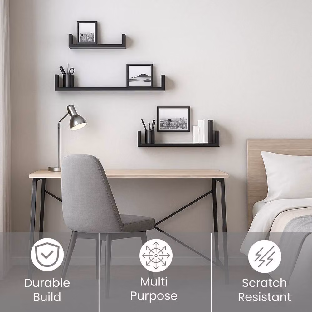 PAWNORA Set of 3 Wall Mounted Floating Shelves in Matt Black – 3
