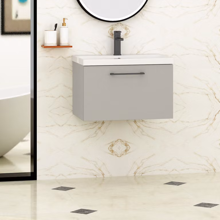 Royal Bathrooms Modena 800mm Wall Hung Vanity Unit in Satin Grey with Mid-Edge Basin and Black Handle