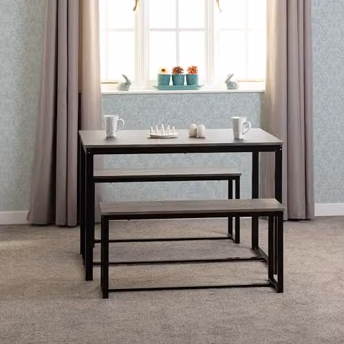 Seconique Lincoln Industrial Dining Table and 2 Bench Set in Black and Grey Stone Effect – 5