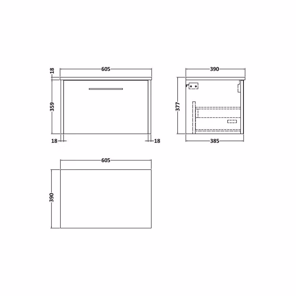 Balterley Modern Wall Mounted Bathroom Vanity Unit with Single Drawer in Brown Oak, W/D/H: 60.0 x 39.0 x 37.7 cm – 2