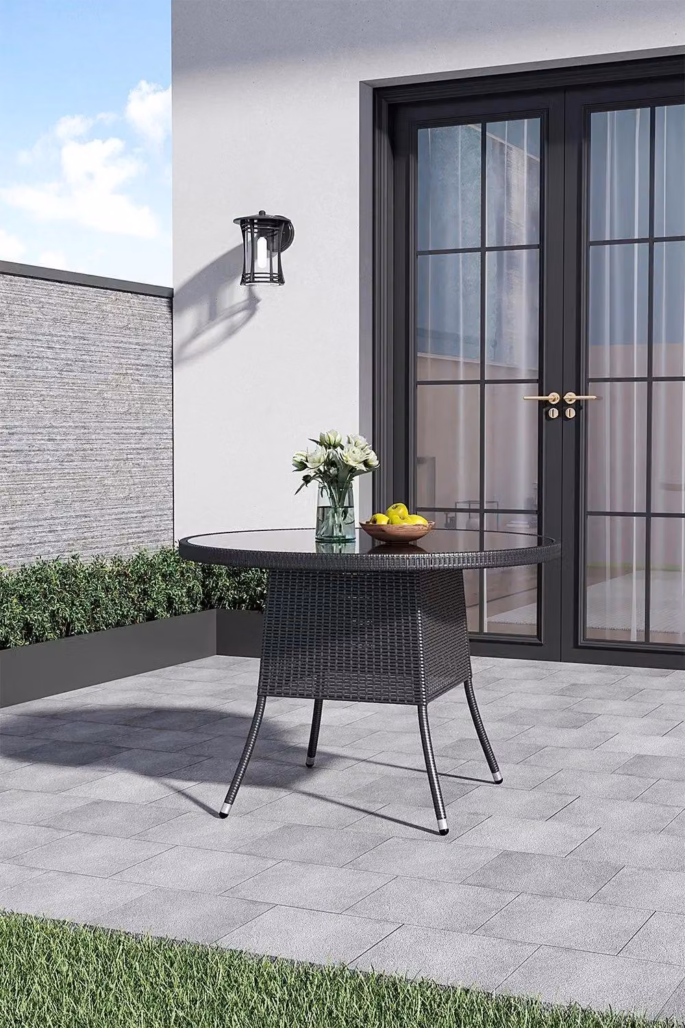 Garden Sanctuary Black Round Wicker Garden Table with Tempered Glass and Parasol Hole, Diameter: 105 cm – 2