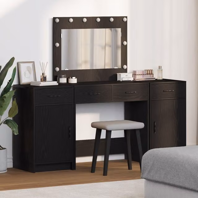 Berkfield Home 3-Piece Modern Hollywood LED Dressing Table Set in Black Matt MDF