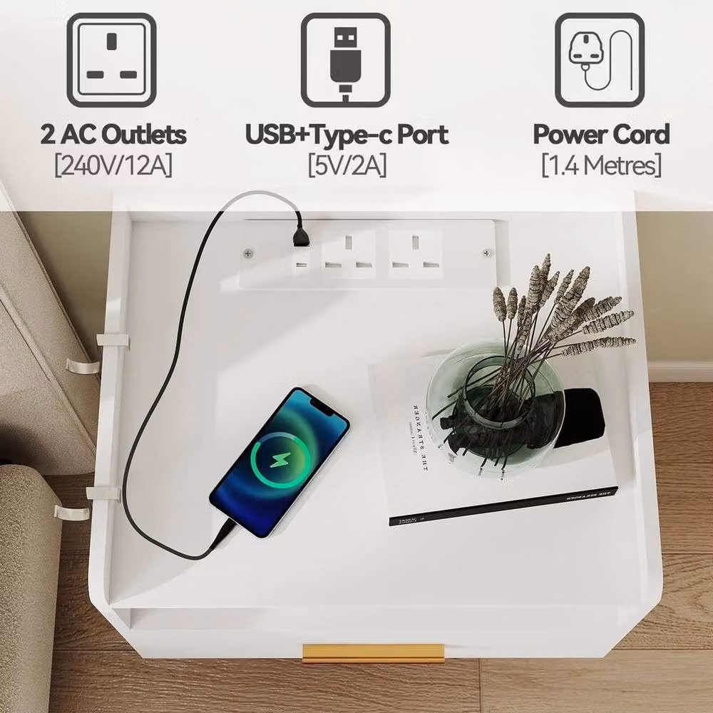VOGREX White Wall Mounted Bedside Table with Charging Station, Drawer and Open Shelf – 3